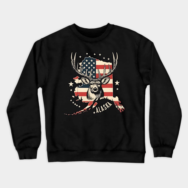 Deer Hunting American Flag Hunter Alaska Vintage 4th Of July Crewneck Sweatshirt by TopTees